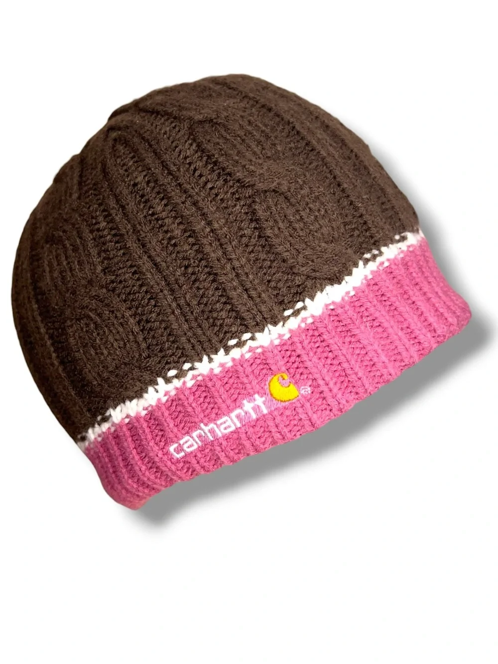 Set Of 2 Carhartt Beanie Knit Hats Women Brown Pink Blue Fleece Lined Cable Knit